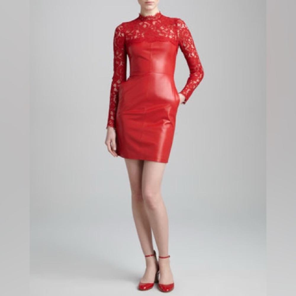 Valentino Garavani Red Lace and Leather Dress size USA 10